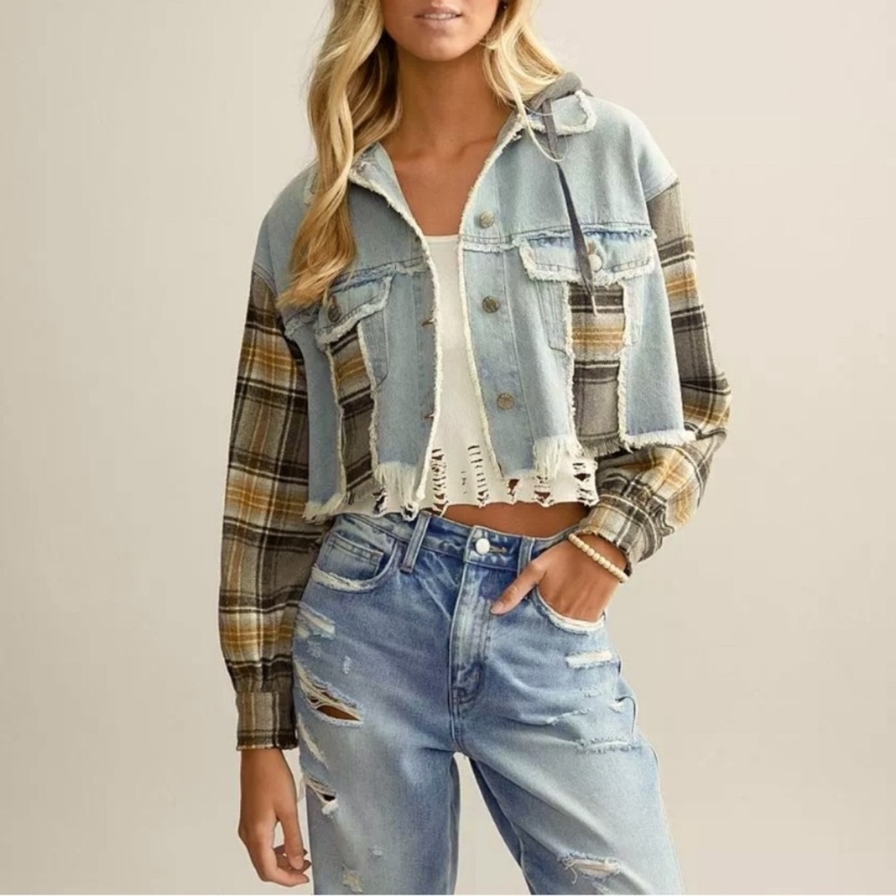 Miss Me Light Blue Denim & Plaid Cropped Hooded Jacket